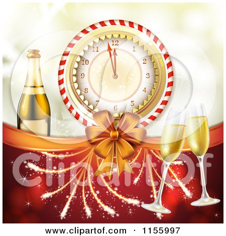 Clipart of a New Year Background with Champagne Glasses a Count down Clock Bow and Fireworks - Royalty Free Vector Illustration by merlinul