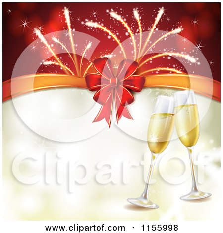 Clipart of a New Year Background with Champagne Glasses Fireworks and a Bow - Royalty Free Vector Illustration by merlinul