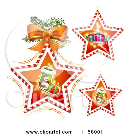Clipart of Candy Cane Stars with Christmas Stockings and Gifts - Royalty Free Vector Illustration by merlinul