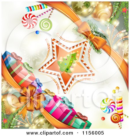 Clipart of a Christmas Background of Presents Baubles and a Tree Star - Royalty Free Vector Illustration by merlinul