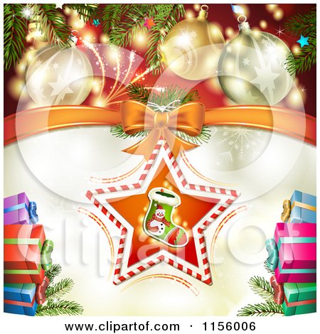 Clipart of a Christmas Background of Presents Baubles and a Stocking Star - Royalty Free Vector Illustration by merlinul