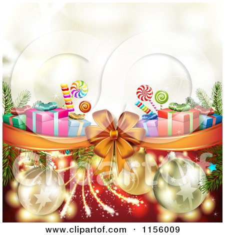 Clipart of a Christmas Background of Presents Fireworks Baubles Candy and a Bow - Royalty Free Vector Illustration by merlinul