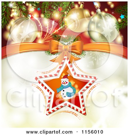 Clipart of a Christmas Background of Baubles and Fireworks over a Candy Cane Snowman Star - Royalty Free Vector Illustration by merlinul