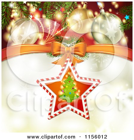 Clipart of a Christmas Background of Baubles and Fireworks over a Candy Cane Christmas Tree Star - Royalty Free Vector Illustration by merlinul