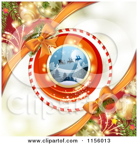 Clipart of a Christmas Background of Santas Sleigh Baubles and Fireworks - Royalty Free Vector Illustration by merlinul
