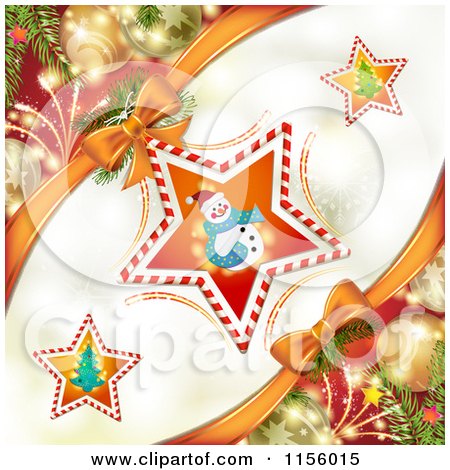 Clipart of a Christmas Background of a Snowman in a Candy Cane Star with Baubles - Royalty Free Vector Illustration by merlinul