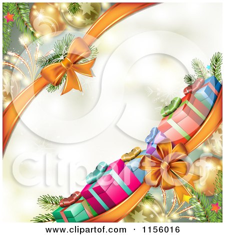 Clipart of a Christmas Background of Presents Branches Bows and Copyspace - Royalty Free Vector Illustration by merlinul