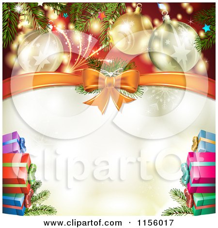 Clipart of a Christmas Background of Presents Branches Bows and Copyspace 3 - Royalty Free Vector Illustration by merlinul