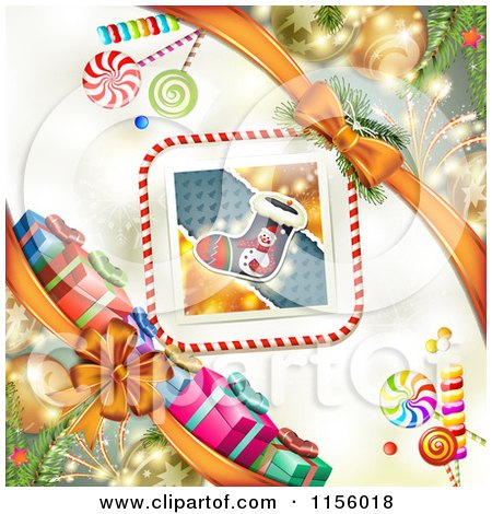 Clipart of a Christmas Background of Presents Baubles and a Stocing - Royalty Free Vector Illustration by merlinul