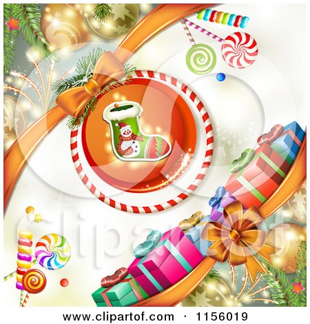 Clipart of a Christmas Background of Presents Baubles Candy and a Stocking - Royalty Free Vector Illustration by merlinul