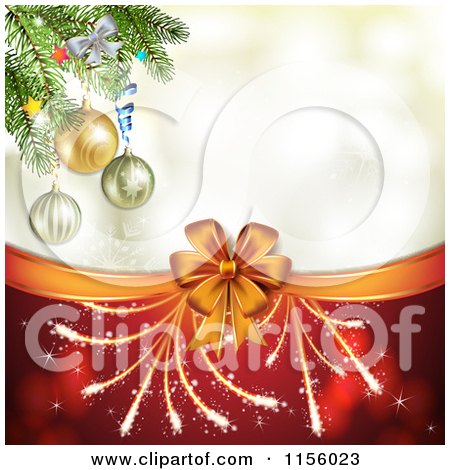 Clipart of a Christmas Background of Fireworks a Bow and Tree Branches - Royalty Free Vector Illustration by merlinul