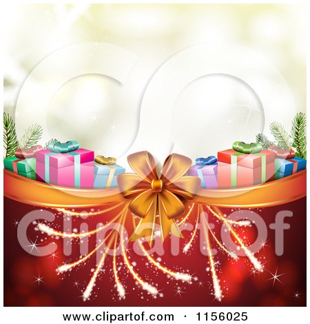 Clipart of a Christmas Background of Presents Fireworks and a Bow - Royalty Free Vector Illustration by merlinul