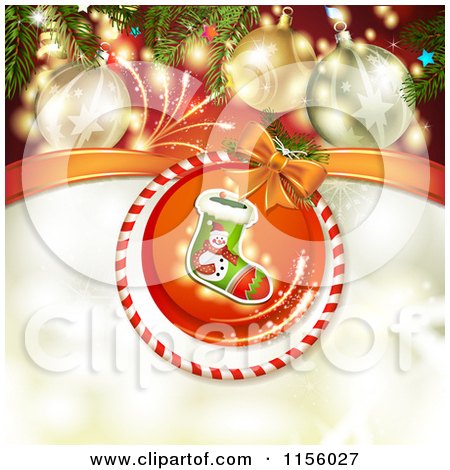 Clipart of a Christmas Background of Fireworks Baubles and a Stocking - Royalty Free Vector Illustration by merlinul
