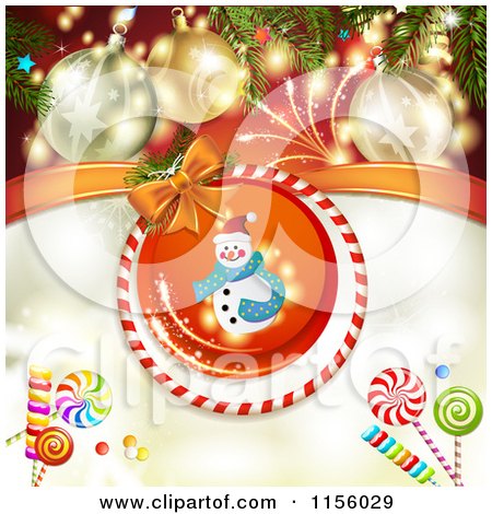 Clipart of a Christmas Background of Fireworks Baubles Candy and a Snowman - Royalty Free Vector Illustration by merlinul