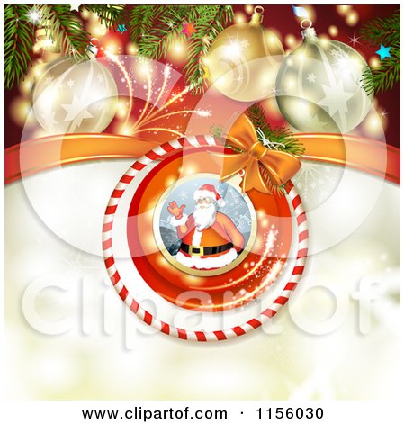 Clipart of a Christmas Background of Fireworks Baubles and Santa - Royalty Free Vector Illustration by merlinul