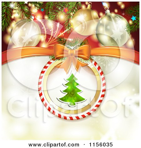Clipart of a Christmas Background of Fireworks Baubles and a Christmas Tree 2 - Royalty Free Vector Illustration by merlinul