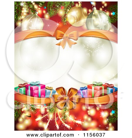 Clipart of a Christmas Background of Presents Branches Bows and Copyspace 2 - Royalty Free Vector Illustration by merlinul