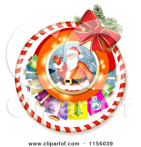 Clipart of a Christmas Candy Cane Ring and Bow with Santa and Gifts - Royalty Free Vector Illustration by merlinul