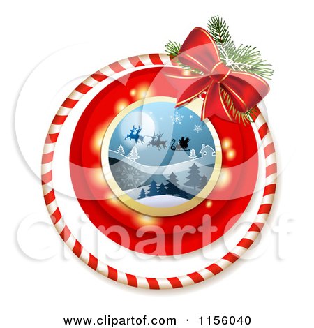 Clipart of a Christmas Candy Cane Ring and Bow with Santas Magic Sleigh - Royalty Free Vector Illustration by merlinul