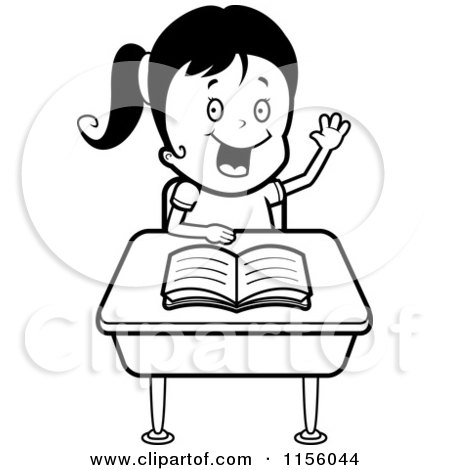 Cartoon Clipart Of A Black And White Girl Raising Her Hand at Her Desk - Vector Outlined Coloring Page by Cory Thoman