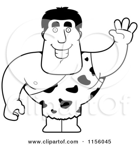 Cartoon Clipart Of A Black And White Strongman Holding up His Arm and Waving - Vector Outlined Coloring Page by Cory Thoman