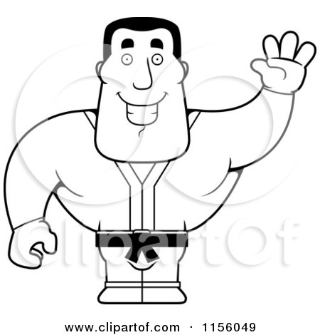 Cartoon Clipart Of A Black And White Strong Karate Man Waving - Vector Outlined Coloring Page by Cory Thoman