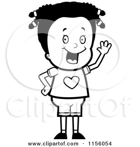 Cartoon Clipart Of A Black And White Cute Black Girl Waving - Vector Outlined Coloring Page by Cory Thoman