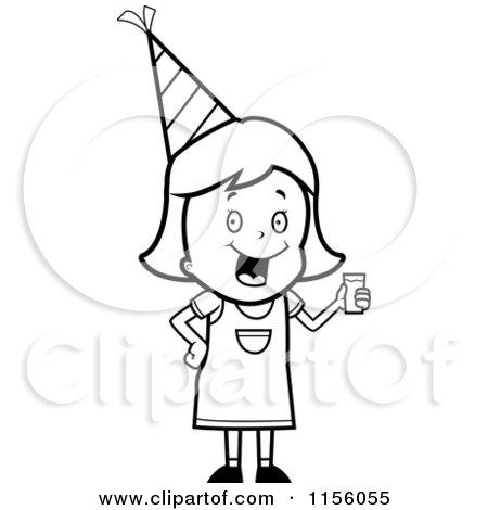 Cartoon Clipart Of A Black And White Happy Party Girl Holding a Drink - Vector Outlined Coloring Page by Cory Thoman