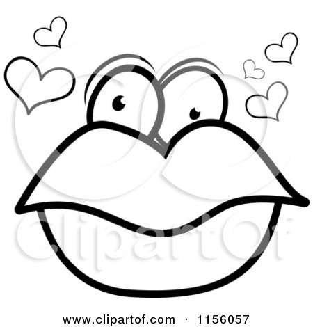 Cartoon Clipart Of A Black And White Pair of Lips with Eyes and Hearts - Vector Outlined Coloring Page by Cory Thoman