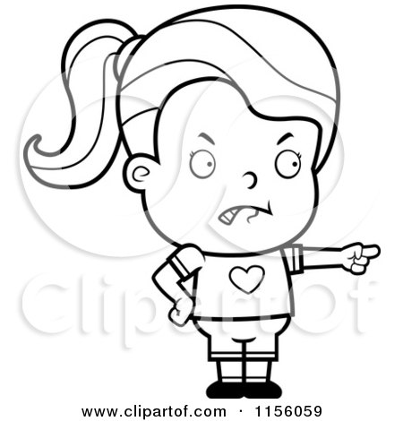 Cartoon Clipart Of A Black And White Little Girl Pointing the Blame - Vector Outlined Coloring Page by Cory Thoman