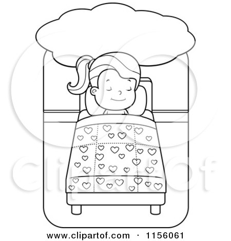 Cartoon Clipart Of A Black And White Little Girl Dreaming and Sleeping in Bed - Vector Outlined Coloring Page by Cory Thoman