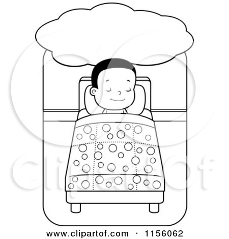 Cartoon Clipart Of A Black And White Little Boy Dreaming and Sleeping in Bed - Vector Outlined Coloring Page by Cory Thoman