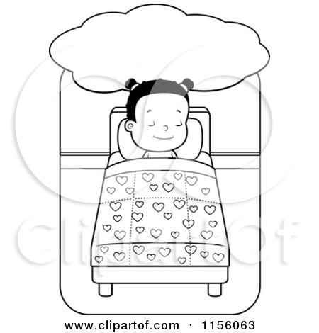 Cartoon Clipart Of A Black And White Cute Little Girl Sleeping and Dreaming in Bed - Vector Outlined Coloring Page by Cory Thoman