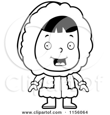 Cartoon Clipart Of A Black And White Cute Eskimo Girl Character in Warm Clothing - Vector Outlined Coloring Page by Cory Thoman