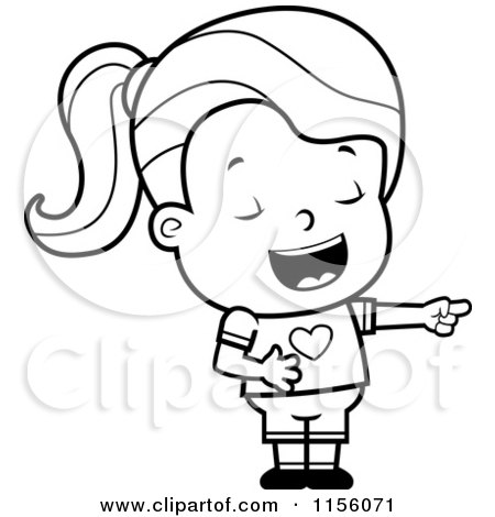 Cartoon Clipart Of A Black And White Little Girl Pointing and Laughing at Someones Expense - Vector Outlined Coloring Page by Cory Thoman
