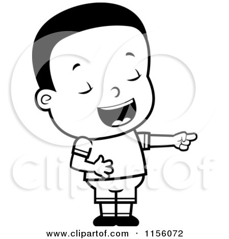 Cartoon Clipart Of A Black And White Cute Little Black Boy Pointing and Laughing at Anothers Expense - Vector Outlined Coloring Page by Cory Thoman