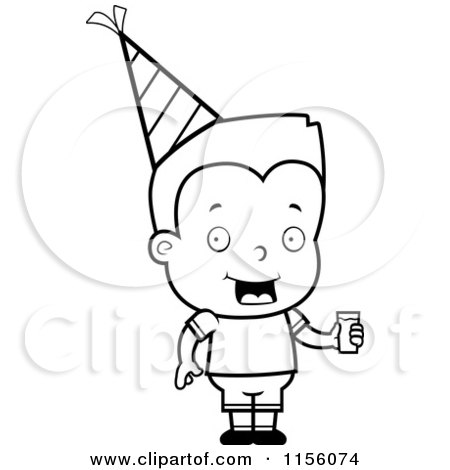 Cartoon Clipart Of A Black And White Boy Holding a Soda and Wearing a Party Hat - Vector Outlined Coloring Page by Cory Thoman
