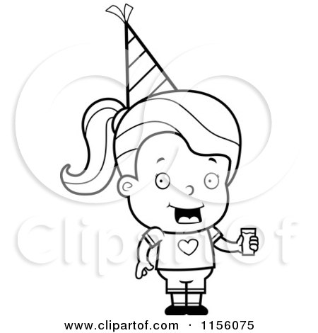 Cartoon Clipart Of A Black And White Little Girl Holding Punch and Wearing a Party Hat - Vector Outlined Coloring Page by Cory Thoman