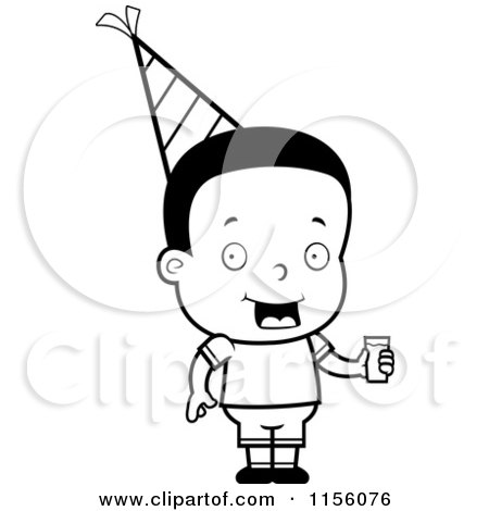 Cartoon Clipart Of A Black And White Black Birthday Boy Holding Punch - Vector Outlined Coloring Page by Cory Thoman