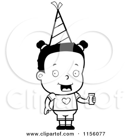 Cartoon Clipart Of A Black And White Black Girl Wearing a Party Hat and Holding Juice - Vector Outlined Coloring Page by Cory Thoman