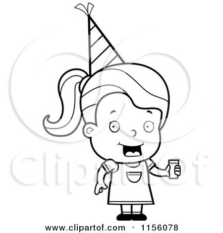 Cartoon Clipart Of A Black And White Toddler Girl Wearing a Party Hat and Holding Juice - Vector Outlined Coloring Page by Cory Thoman