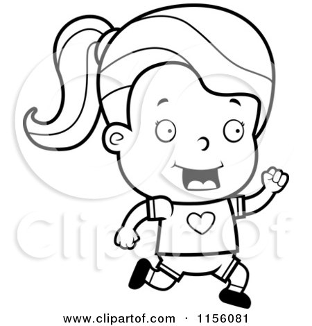 Cartoon Clipart Of A Black And White Toddler Girl Running - Vector Outlined Coloring Page by Cory Thoman