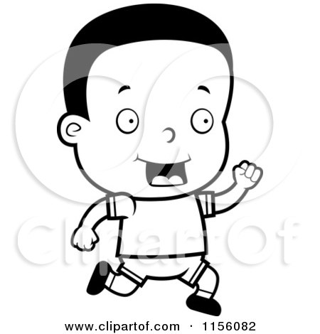 Cartoon Clipart Of A Black And White Happy Black Toddler Boy Running - Vector Outlined Coloring Page by Cory Thoman