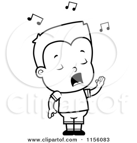 Cartoon Clipart Of A Black And White Little Boy Singing - Vector Outlined Coloring Page by Cory Thoman