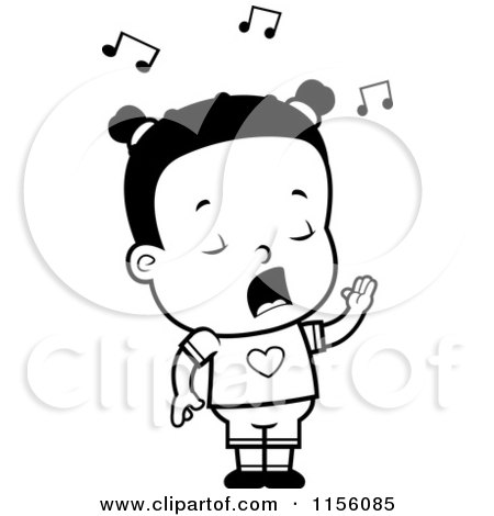 Cartoon Clipart Of A Black And White Little Black Girl Singing - Vector Outlined Coloring Page by Cory Thoman