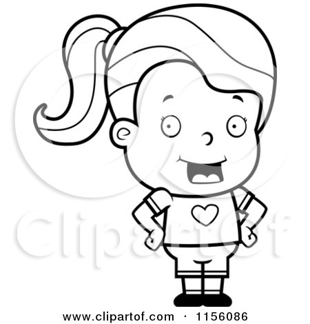Cartoon Clipart Of A Black And White Girl Standing with Her Hands on Her Hips - Vector Outlined Coloring Page by Cory Thoman