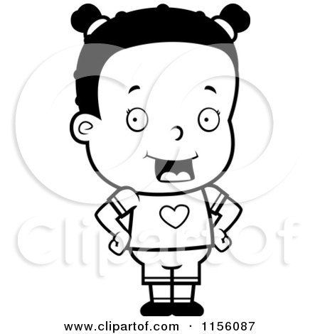 Cartoon Clipart Of A Black And White Cute Black Girl Standing with Her Hands on Her Hips - Vector Outlined Coloring Page by Cory Thoman