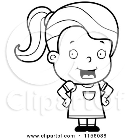 Cartoon Clipart Of A Black And White Toddler Girl Standing with Her Hands on Her Hips - Vector Outlined Coloring Page by Cory Thoman