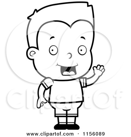 Cartoon Clipart Of A Black And White Friendly Boy Waving - Vector Outlined Coloring Page by Cory Thoman