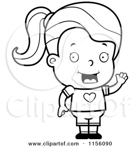 Cartoon Clipart Of A Black And White Girl Character Smiling and Waving - Vector Outlined Coloring Page by Cory Thoman